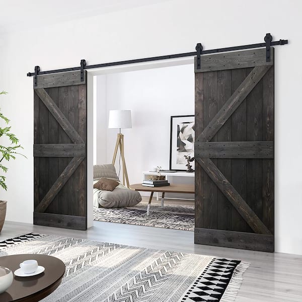 60 in. x 84 in. K Series Charcoal Black Stained DIY Solid Pine Wood Interior Double Sliding Barn Door With Hardware Kit