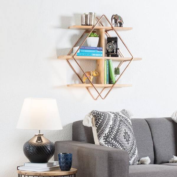 Madeleine Home Tignes 5 75 In X 24 Rose Gold Iron Wood Floating Decorative Wall Shelf Mh St 102rg The Depot - Rose Gold Hexagon Wall Shelves