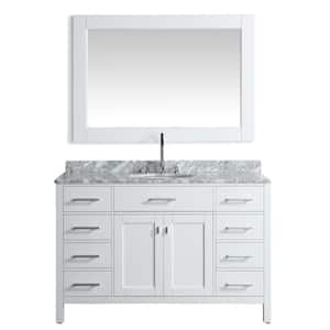 London 54 in. W x 22 in. D Vanity in White with Marble Vanity Top in Carrara White with White Basin and Mirror