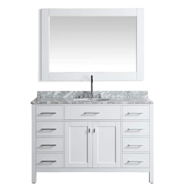 Design Element London 54 in. W x 22 in. D Vanity in White with Marble Vanity Top in Carrara White with White Basin and Mirror