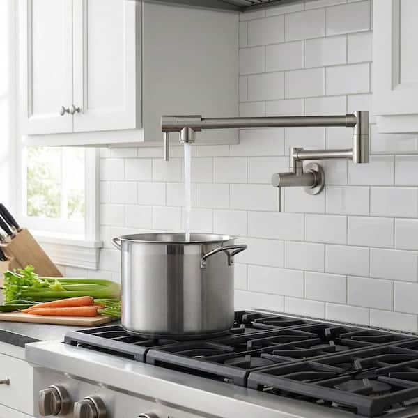 Modern Brass Wall Mounted Dual Joint Swivel Arm Pot Filler Kitchen Faucet in Brushed Nickel