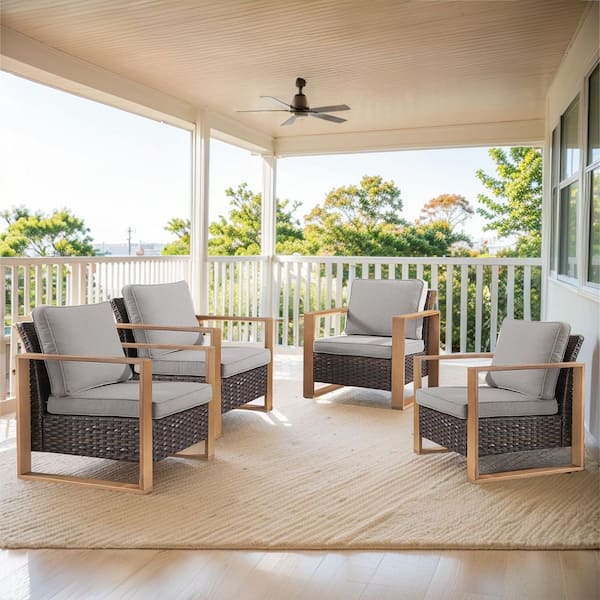 Gymojoy Allcot 4-Piece Brown Patio Wicker Conversation Set Outdoor Lounge Chair with CushionGuard Gray Cushions