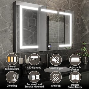 ShineX 48 in. W x 30 in. H Rectangular Black Aluminum Recessed/Surface Mount Dual Swing Medicine Cabinet with Mirror LED