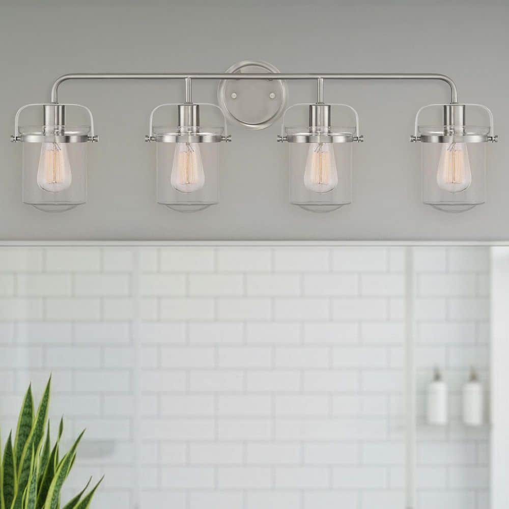 Jaxon 33 in. 4-Light Brushed Nickel Industrial Vanity Light with Clear Glass Shades price history on PriceWatchPro