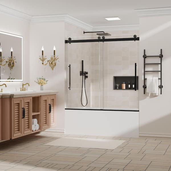 56-60 in. W x 58 in. H Sliding Frameless Tub Door in Matte Black with 4/1 in. Tempered Clear Glass