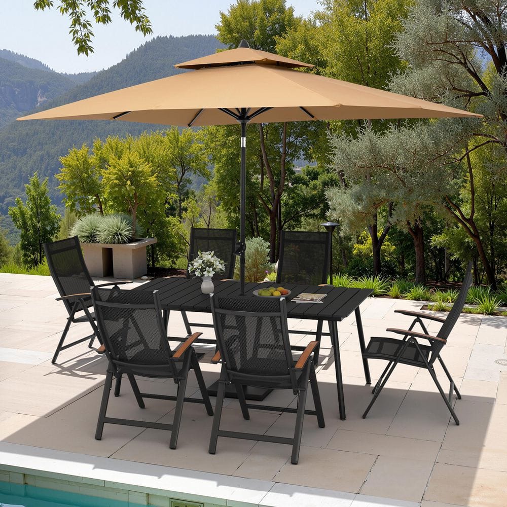 9-Piece 71 in. Black Aluminum Outdoor Dining Set with Foldable Recliner Chairs, Tan Market Patio Umbrella and Base price history on PriceWatchPro