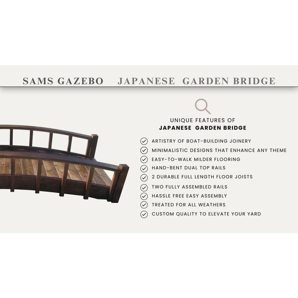 8 ft. Japanese Treated Wood Garden Moon Bridge with Arched Railings