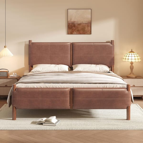 Mesa Brown Solid Wood Frame Queen Size Platform Bed with Headboard, PU Leather