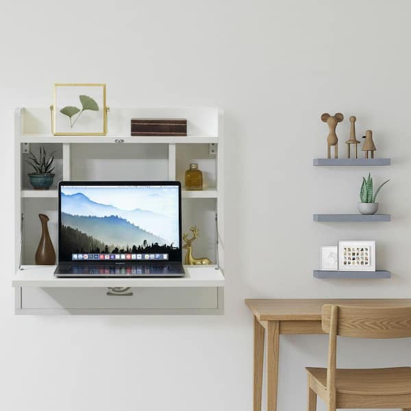 Basicwise 6.75 in. Rectangular White Wood 1-Drawer Laptop Desk