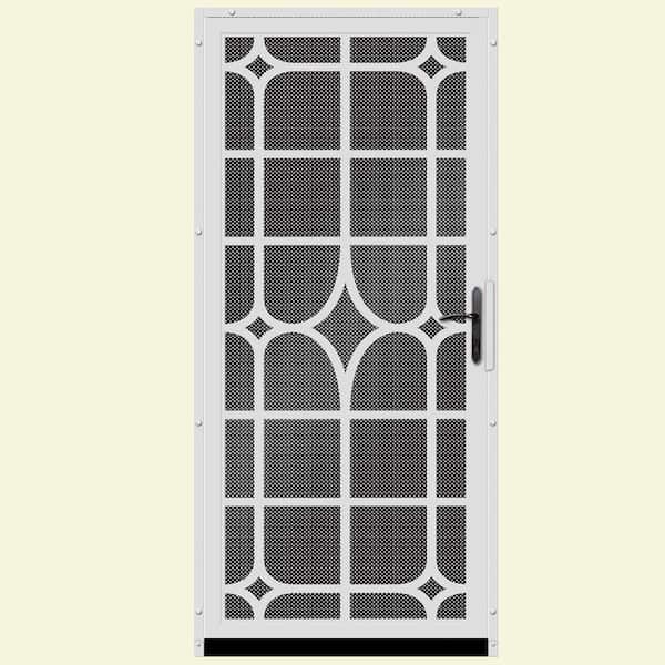Unique Home Designs 36 in. x 80 in. Lexington White Surface Mount Steel Security Door with Black Perforated Screen and Bronze Hardware