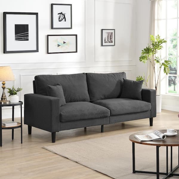Noble House Faris 74.8 in. W Square Arm Corduroy Rectangle Modern Polyester Upholstered Sofa in. Dark Gray with Pillows