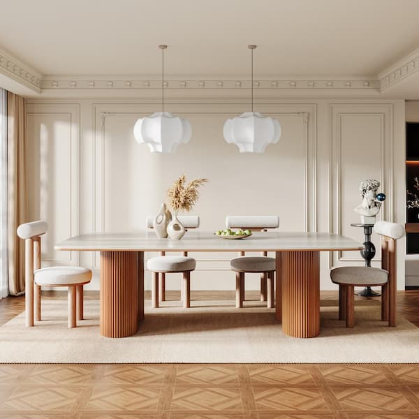 Halseey Natural Sintered Stone 78. in. Pedestal Solid Wood Kitchen Dining Table for 10 Heavy-Duty