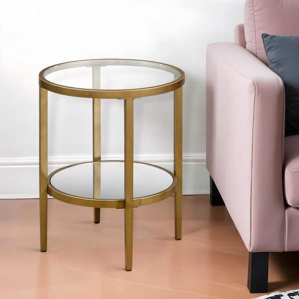 HomeRoots 20 in. Antiqued Brass Round Glass End Table