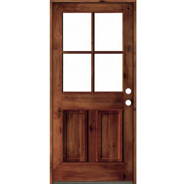 Krosswood Doors 32 in. x 80 in. Knotty Alder Left-Hand/Inswing 4-Lite Clear Glass Red Chestnut Stain Wood Prehung Front Door