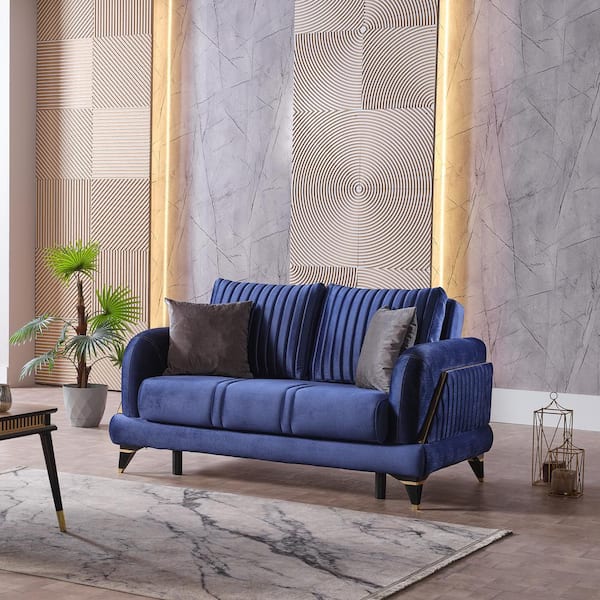 Ottomanson Ruby Collection Convertible 65 in. Blue Microfiber 2-Seat Loveseat with Storage