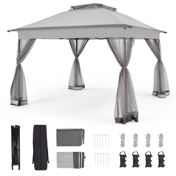 11 ft. x 11 ft. Light Gray Pop-Up Gazebo Tent with Mosquito Netting