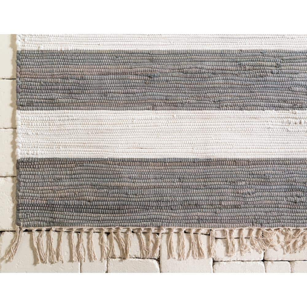 Handwoven Recycled Cotton Striped Rug - 9' x 12' - Gray and Ivory