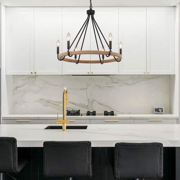 6-Light Black Candlestick Wagon Wheel Chandelier Hemp Rope Linear Chandelier Lighting for Kitchen Island