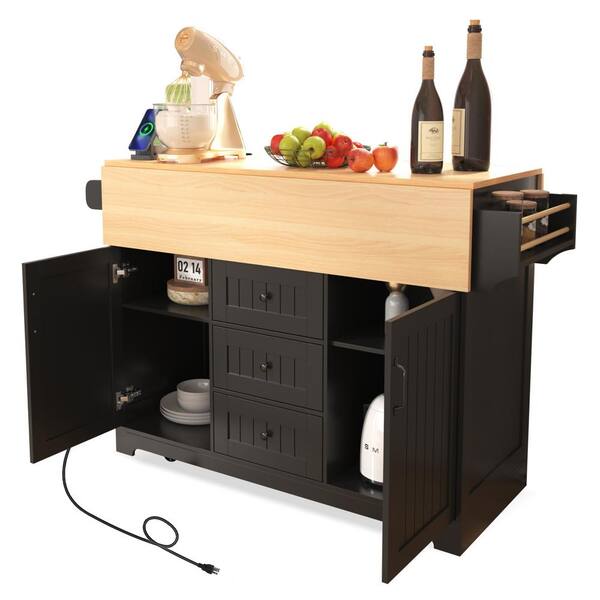 New Black Wood 55.7 in. Kitchen Island with Pull Out Cabinet