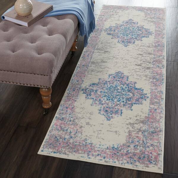 Grafix Ivory Pink 2 ft. x 6 ft. Center medallion Transitional Runner Area Rug