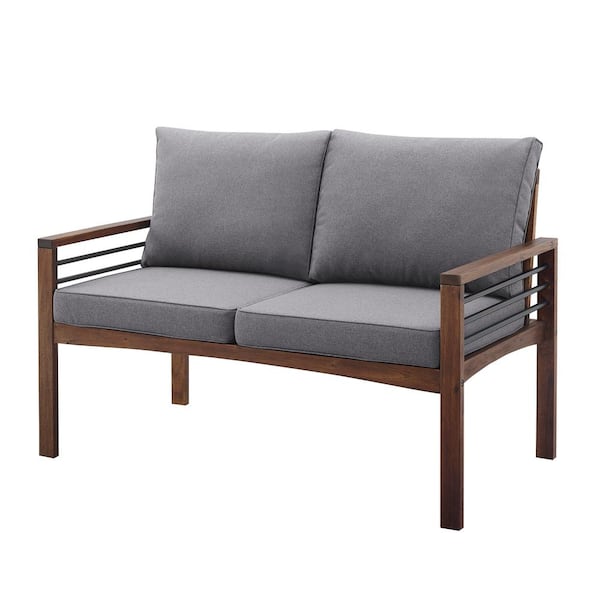 Walker Edison Furniture Company Dark Brown Acacia Wood and Metal Outdoor Loveseat with Grey Cushions