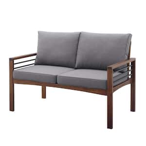 Dark Brown Acacia Wood and Metal Outdoor Loveseat with Grey Cushions