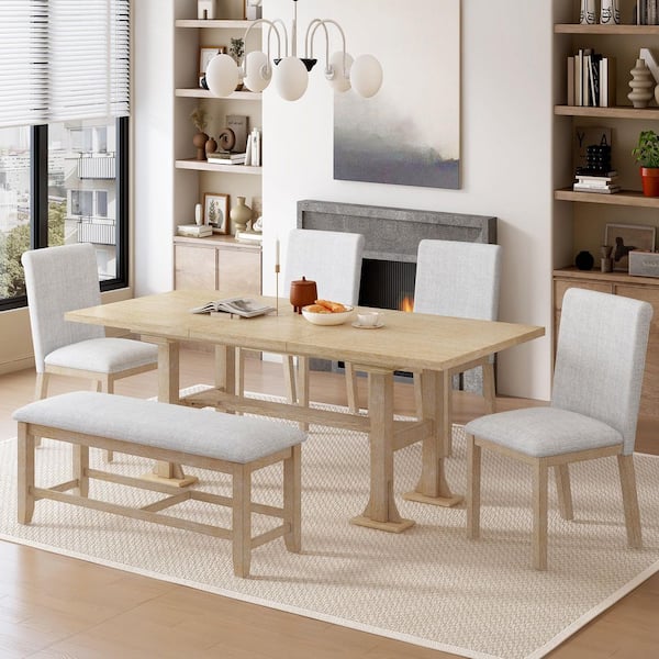 6-Piece Farmhouse Natural Extendable Wood Top Dining Room Set Seats 5