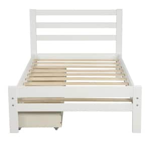 White Platform Twin Bed Frame with Storage Drawer and Wood Slat HD ...