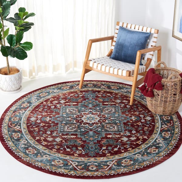 Bayside Blue/Red 7 ft. x 7 ft. Machine Washable Border Medallion Round Area Rug