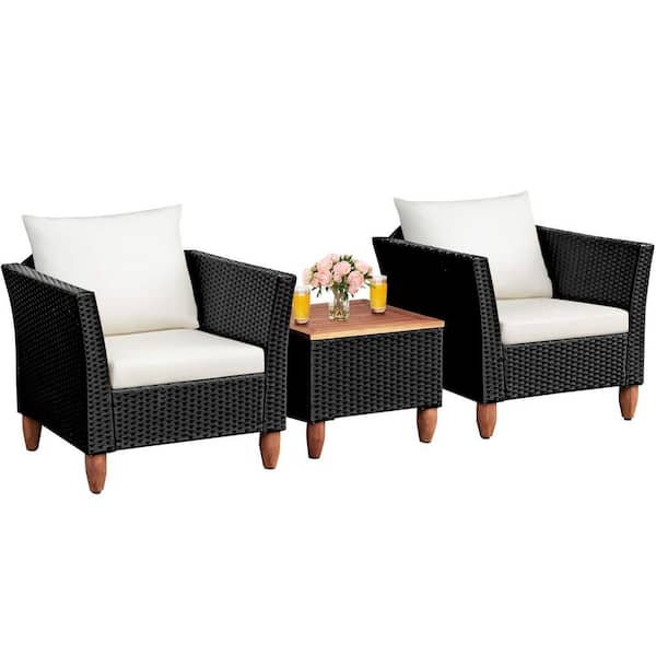 Alpulon Black 3-Piece Wicker Outdoor Furniture Set Patio Conversation Set with Beige Cushions