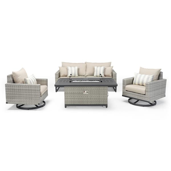 RST BRANDS Milo Gray 4-Piece Wicker Patio Motion Fire Pit Conversation Set with Slate Grey Cushions