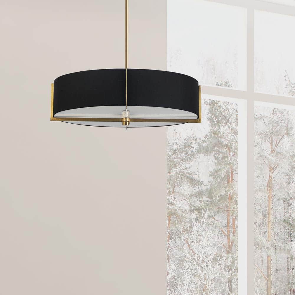 Black and Aged Brass Drum Pendant Light with Glass Diffuser