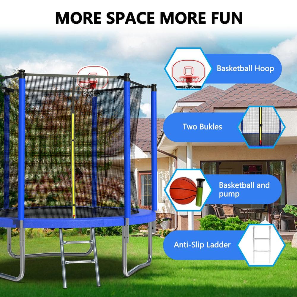 Blue 8 ft. Round Outdoor Trampoline with Enclosure Net
