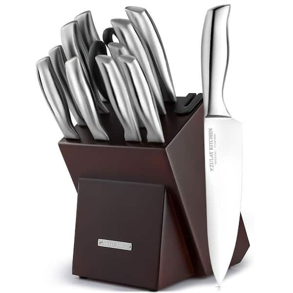 12-Piece Stainless Steel Kitchen Knife Set with Block and Built-In Sharpener