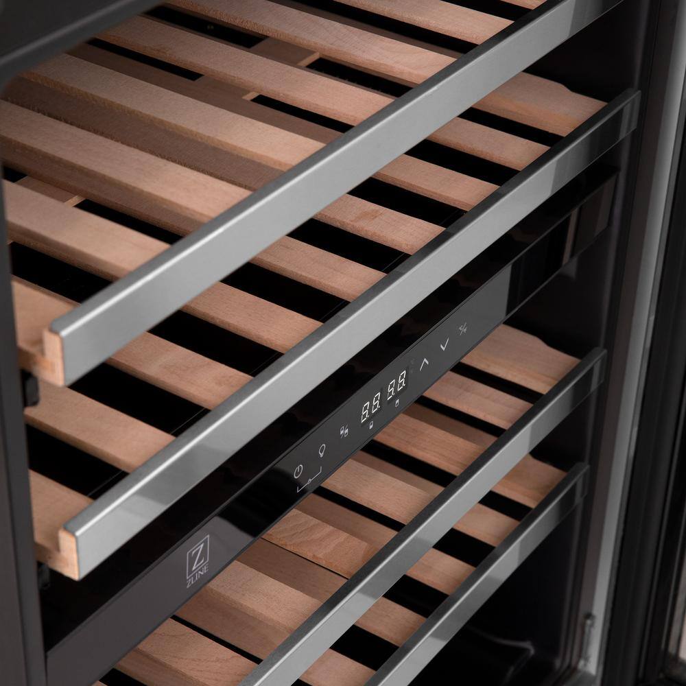 Stainless Steel Dual Zone Wine Cooler with Gold Handle and Interior Lighting