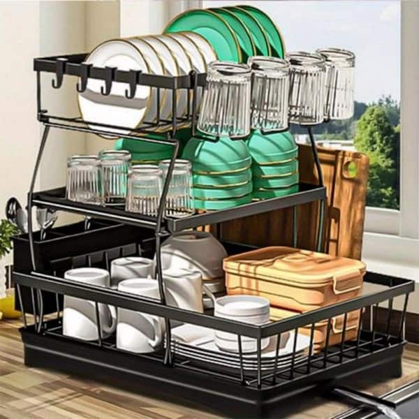3 Tier Black Stainless Steel Standing Dish Racks for Kitchen Counter