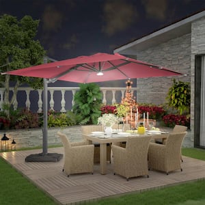 10 ft. x 13 ft. Rectangle Bluetooth Ambient Light 360-Degree Rotation Cantilever Tilt Outdoor Patio Umbrella in Red