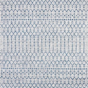 Ourika Moroccan Geometric Textured Weave Light Gray/Navy 3 X 3 ft. Indoor/Outdoor Area Rug