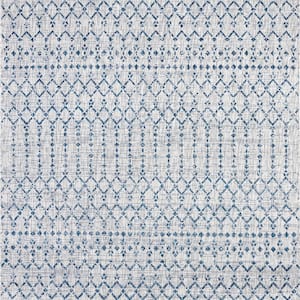 Ourika Moroccan Geometric Textured Weave Light Gray/Navy 4 ft. x 4 ft. Indoor/Outdoor Area Rug