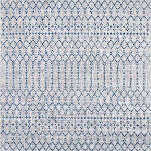 Ourika Moroccan Geometric Textured Weave Light Gray/Navy 8 ft. x 8 ft. Indoor/Outdoor Area Rug