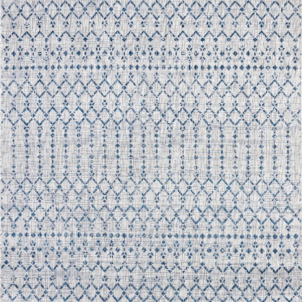 Ourika Moroccan Geometric Textured Weave Light Gray/Navy 9 ft. x 9 ft. Indoor/Outdoor Area Rug