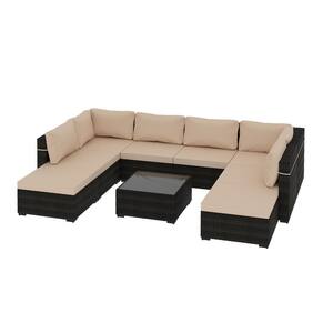 9-Pieces Rattan Wicker Outdoor Patio Conversation Set Furniture Set with Coffee Table and Ottomans for Backyard, Beige