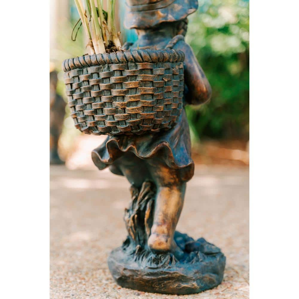 24" Faux Bronze Magnesium Oxide Girl Garden Statue with Plant Pot