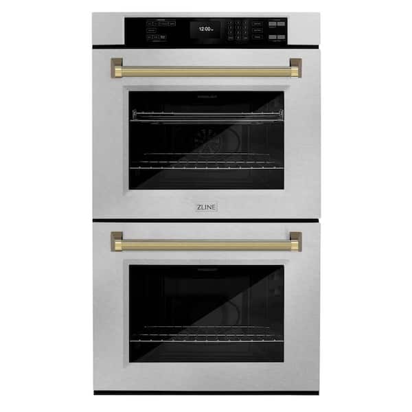 Autograph 30 in. True Convection Double Wall Oven with Air Fry in Satin Steel with Polished Gold Helix Handles