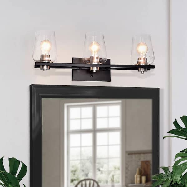Edvivi 23.75 in. 3 Light Black Wrought Iron Modern Farmhouse Vanity Light with Seeded Glass Shade