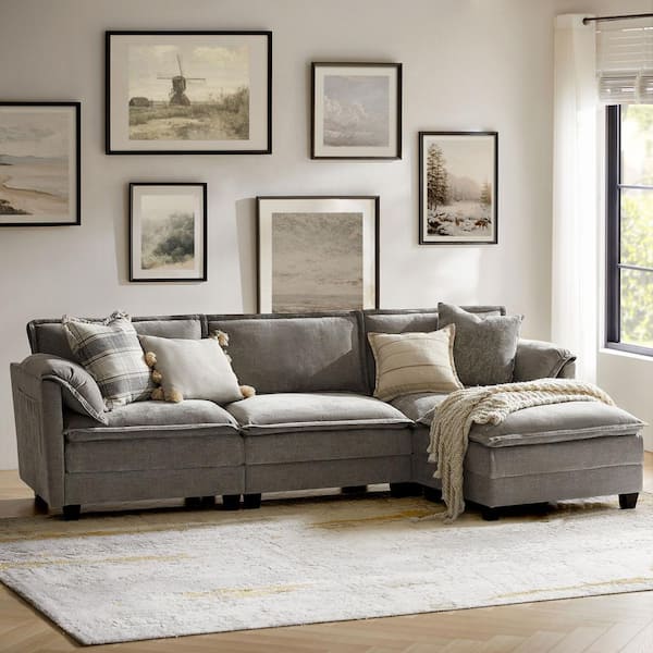 JAYDEN CREATION Noemi Pillow Arm 108 in. 4-piece Polyester Sectional Sofa in. Light Gray