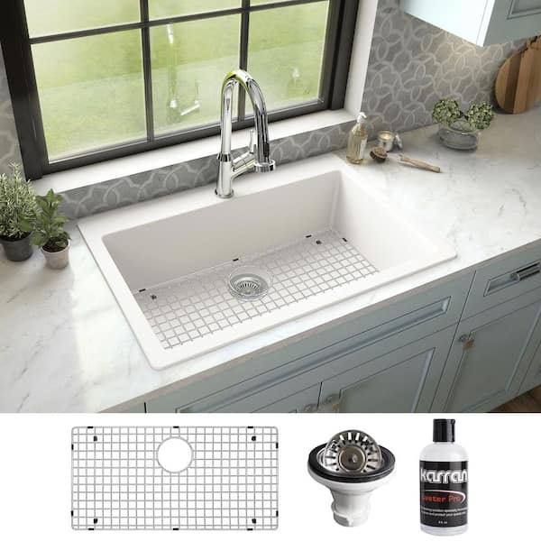Karran 33 in. Large Single Bowl Drop-In Kitchen Sink in White with Bottom Grid and Strainer