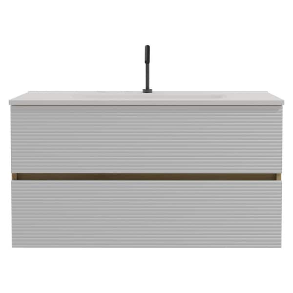 36 in. Wall-Mounted White Light Oak Bath Vanity with White Ceramic Top Assembled