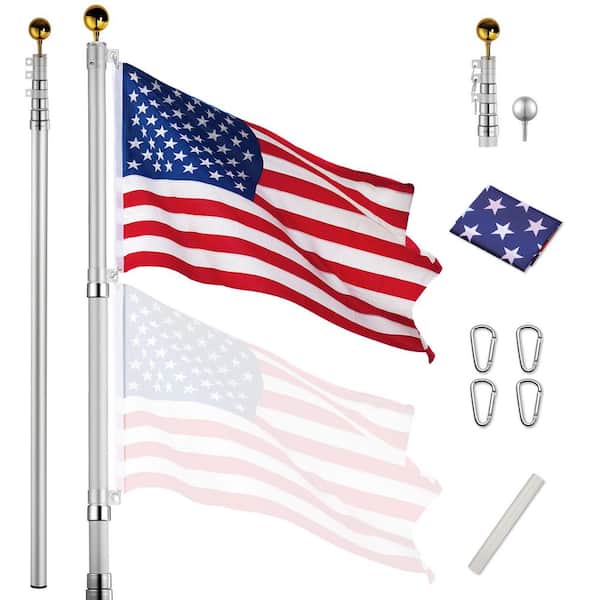 Unbranded 25 ft. Telescopic Aluminum Flag Pole 16 Gauge Fly 2 Flags 3 ft. x 5 ft. US Flag Ball Top Kit Telescoping Flagpole