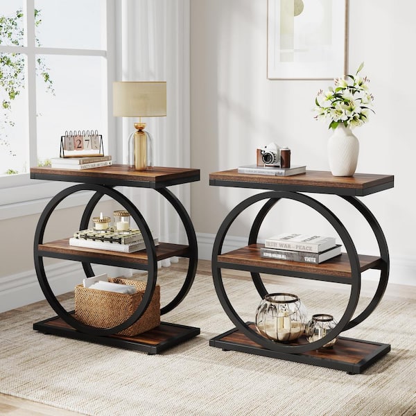 BYBLIGHT Kerlin 23.62 in. Brown Rectangle Wood End Table with Storage Shelves (Set of 2)